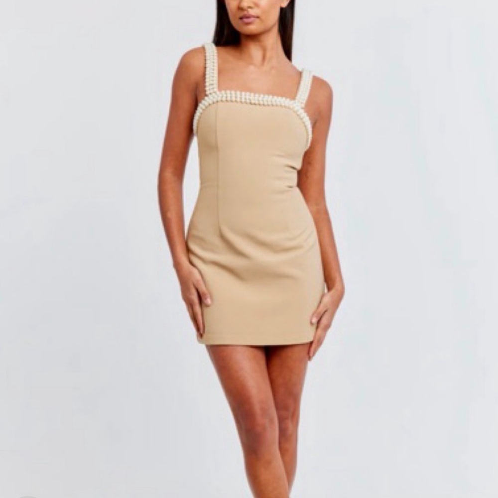 Odd Muse Beige Pearl Trim Dress
